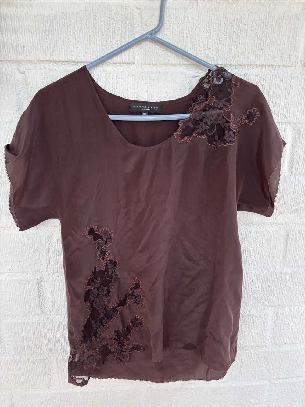 Sanctuary Silk Lace Brown Embroidered Short Sleeve Blouse sz XXS